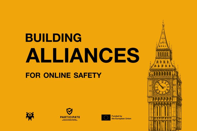 Yellow graphic cover with bold black text reading “Building Alliances for Online Safety” on the left and a black line-art illustration of Big Ben on the right, with PARTICIPATE and EU funding logos along the bottom.