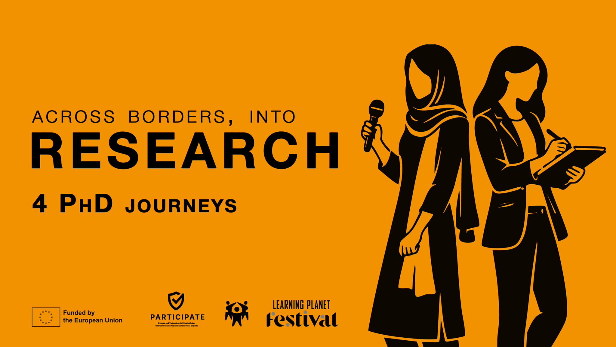 Orange cover with the words “Across Borders, Into Research”, two illustrated women (one holding a microphone, one writing on a tablet), and the EU, Participate, and Learning Planet Festival logos.