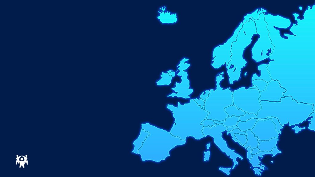 Blue cyberpunk-style map of the European Union with glowing borders on a dark background, next to the title “Shaping Democratic Renewal: Civic Space in Europe 2026”.