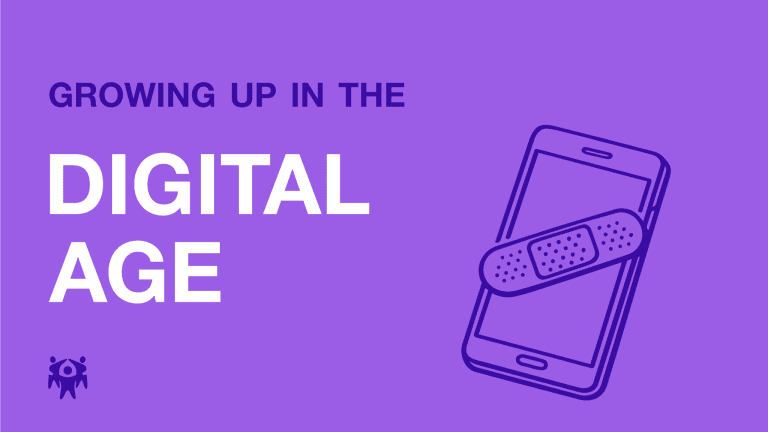 Minimalist illustration of a smartphone with a plaster across the screen, symbolising growing up in the digital age.