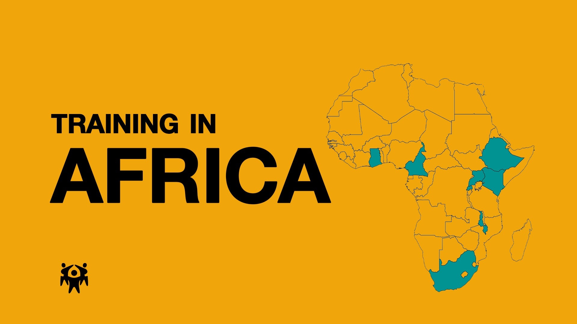 Cover image for Parents International’s Training in Africa page, showing bold black text on a yellow background beside a map of Africa with partner countries highlighted in teal.
