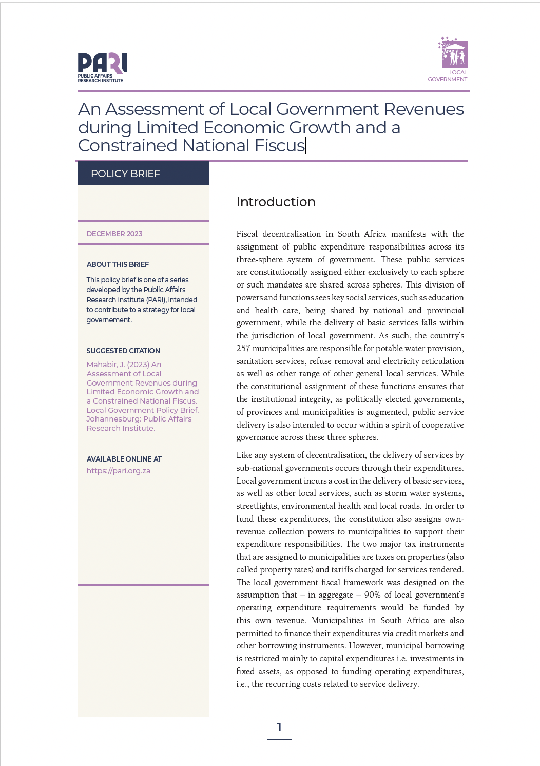 Policy brief | An Assessment of Local Government Revenues during Limited Economic Growth and a Constrained National Fiscus