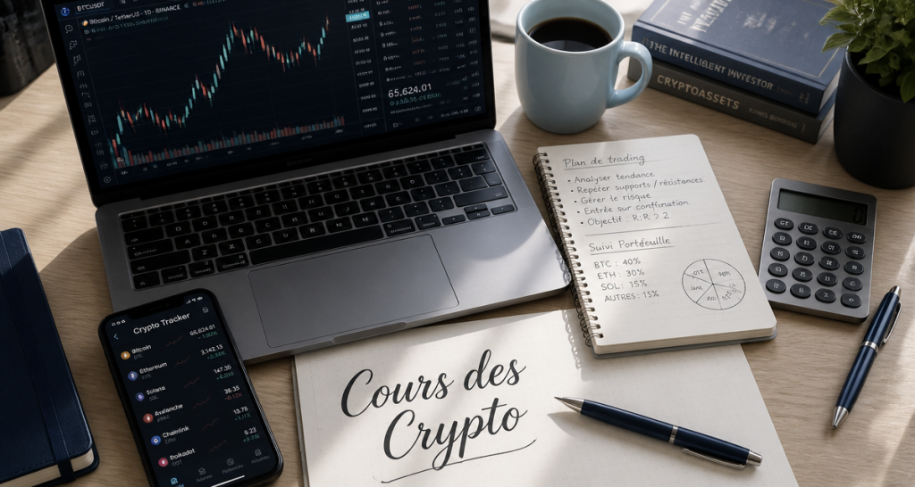 Cours des crypto sur écran avec graphique et outils