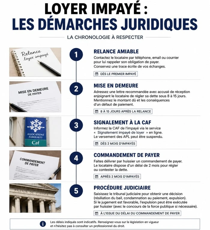 Infographie des étapes juridiques en cas de non paiement des loyers