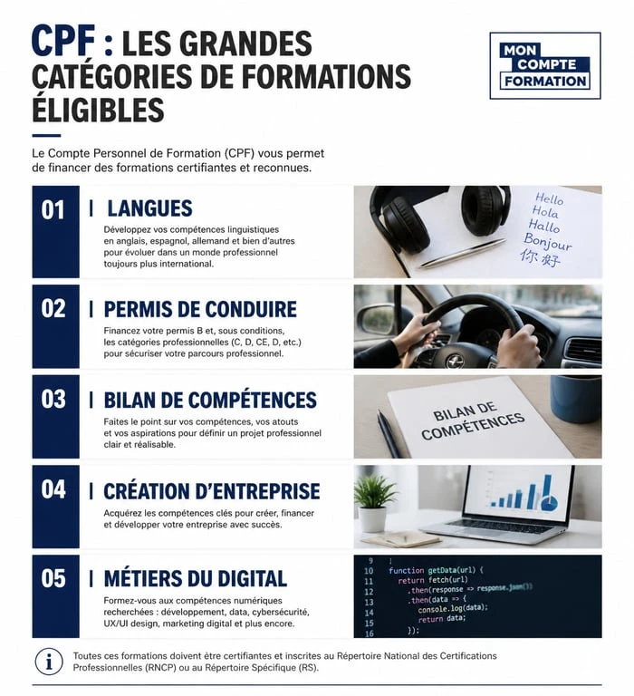 Infographie des idées de formation CPF : langues, permis, bilan de compétences et numérique