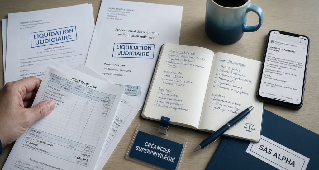 liquidation judiciaire et licenciement, documents sur bureau