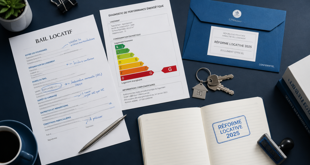 Nouvelle loi pour les locataires, bail, DPE et clés sur bureau