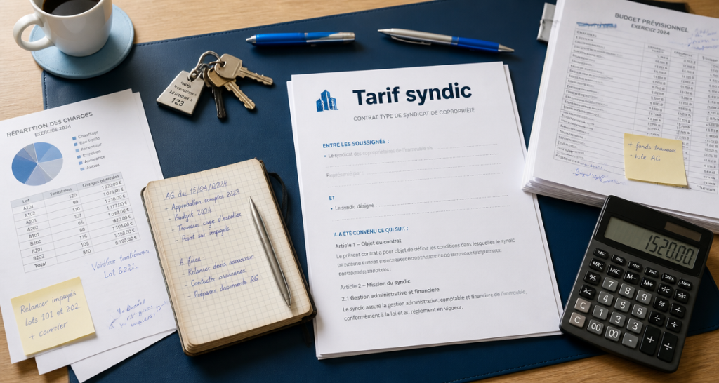 tarif syndic petite copropriété sur table avec documents et calculatrice