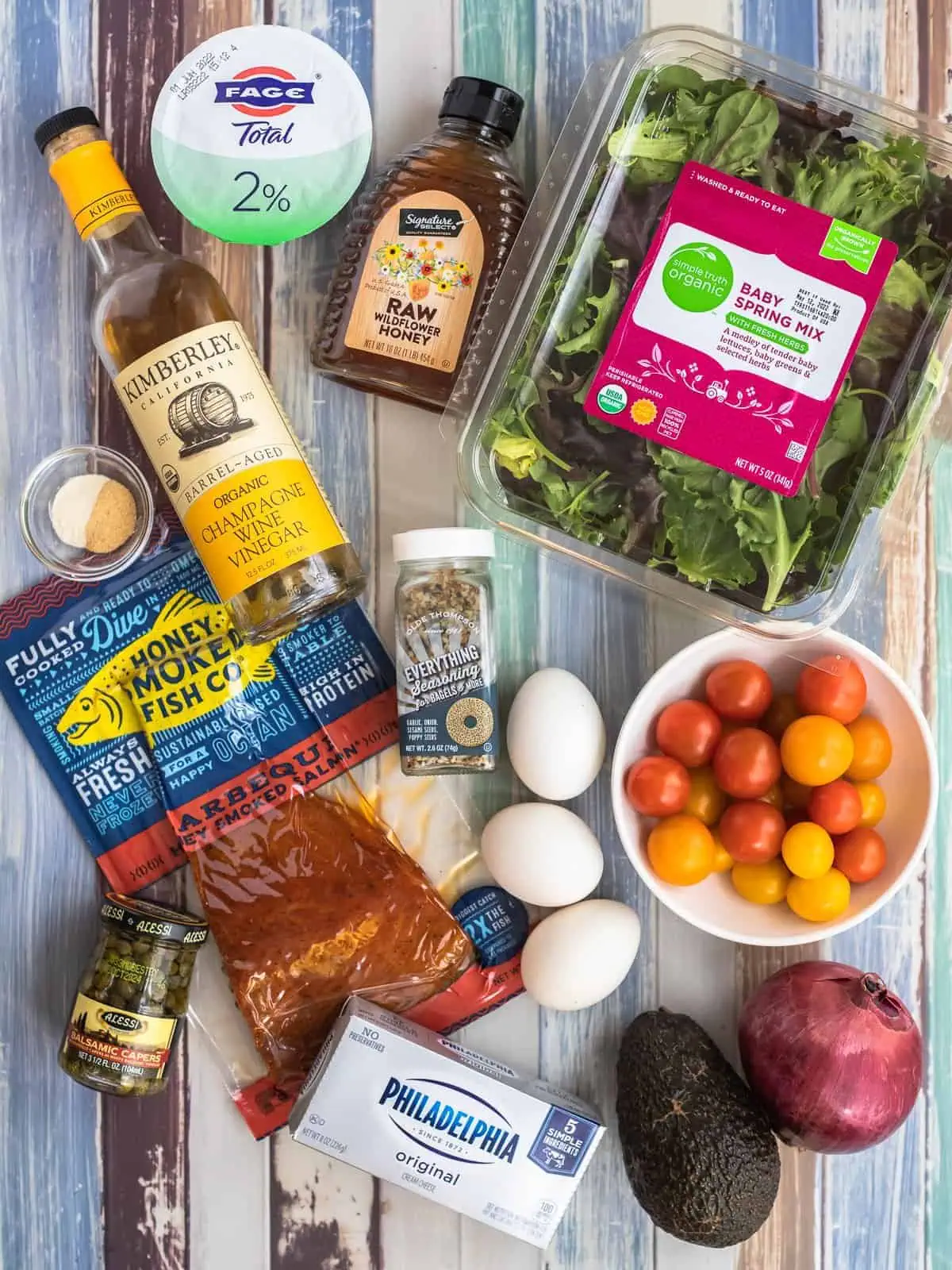 Ingredients for everything bagel Cobb salad with smoked salmon