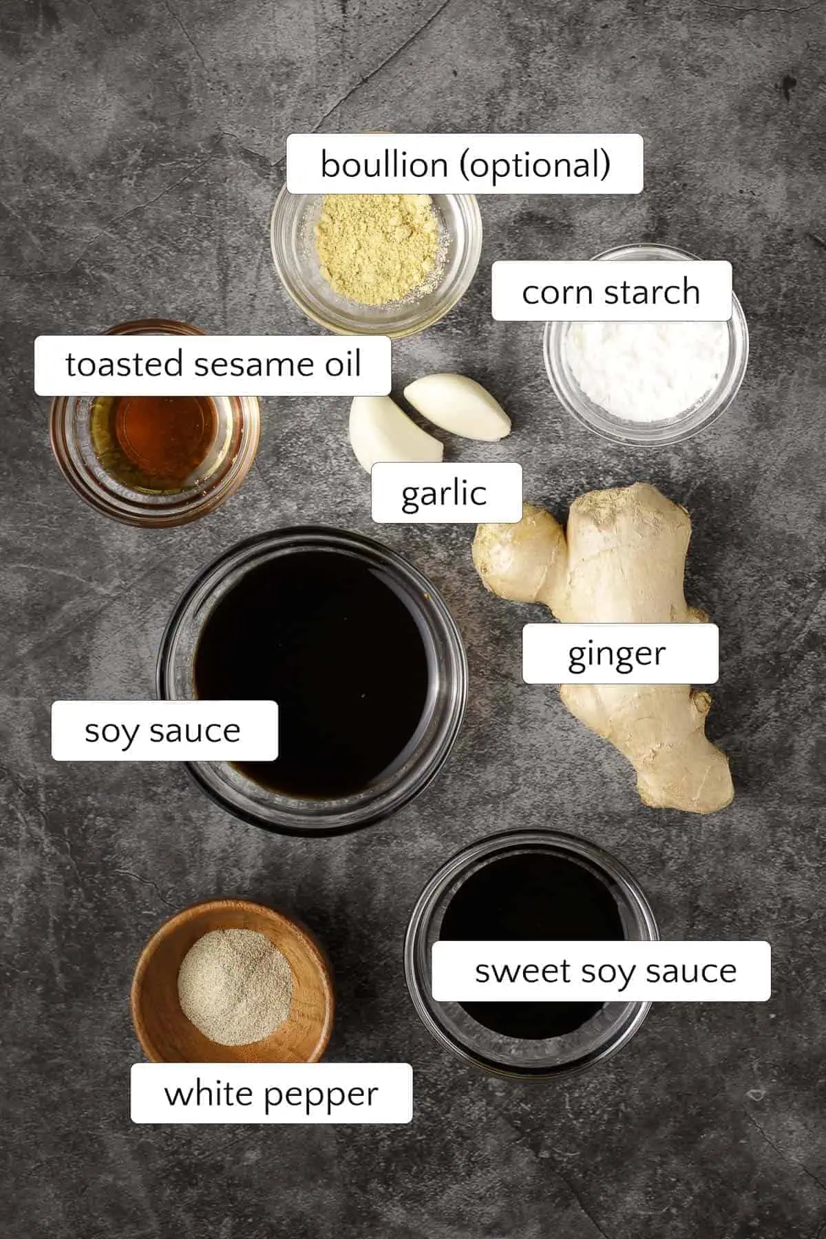 Ingredients for stir fry sauce include soy sauce, sweet soy sauce, fresh ginger, fresh garlic, chicken bullion, corn starch, toasted sesame oil, and white pepper.