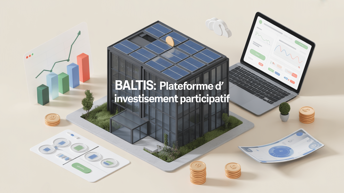 Interface Baltis avec immeubles et graphiques financiers