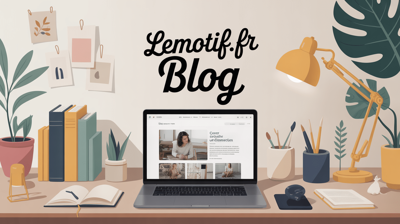 Bureau créatif lemotif.fr blog avec ordinateur et éléments artistiques