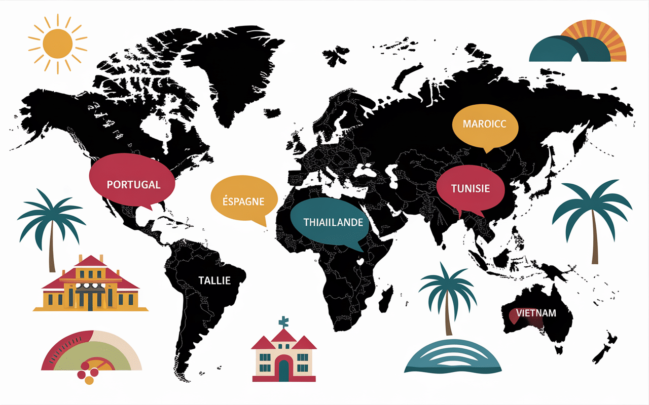 Carte monde, marqueurs pays retraite internationaux