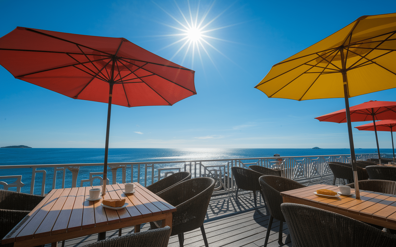 Terrasse de café portugais avec vue sur océan et ambiance décontractée