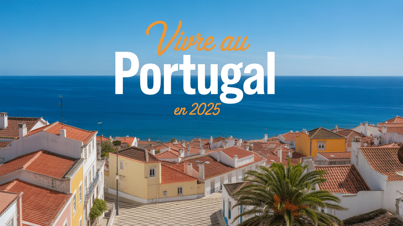 Vue panoramique de ville portugaise avec maisons colorées et océan Atlantique