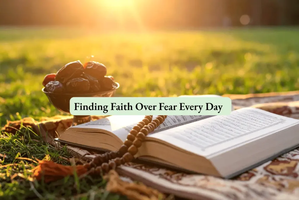 Quran and tasbeeh on a prayer on the grass with the sun setting with the banner Finding faith over fear every day