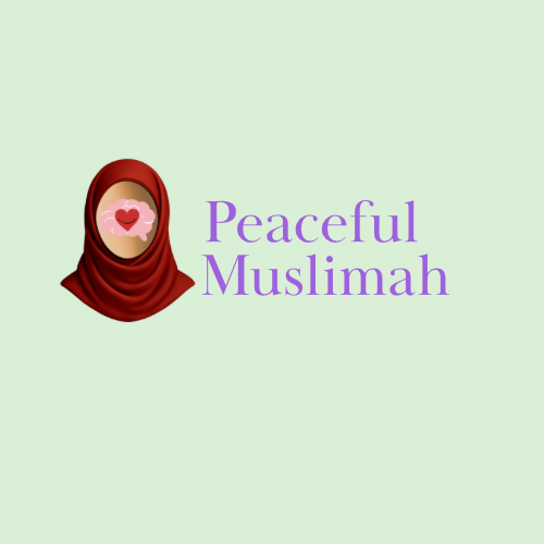 Peaceful Muslimah logo, Islamic hijab illustration with heart and text Peaceful Muslimah, symbolising strength, resilience and support for Muslim women.