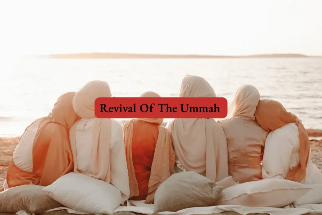 Muslim women in hijab, sitting on the beach in peace with the banner Revival of the ummah