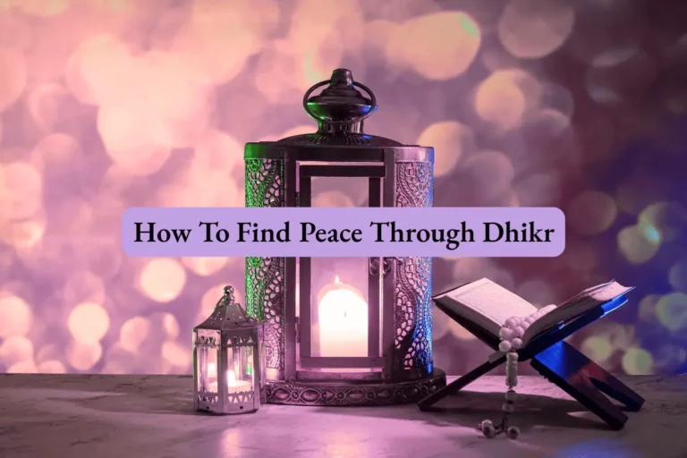 Two lamps, with a Quran and tasbeeh, with the banner How to find peace through dhikr