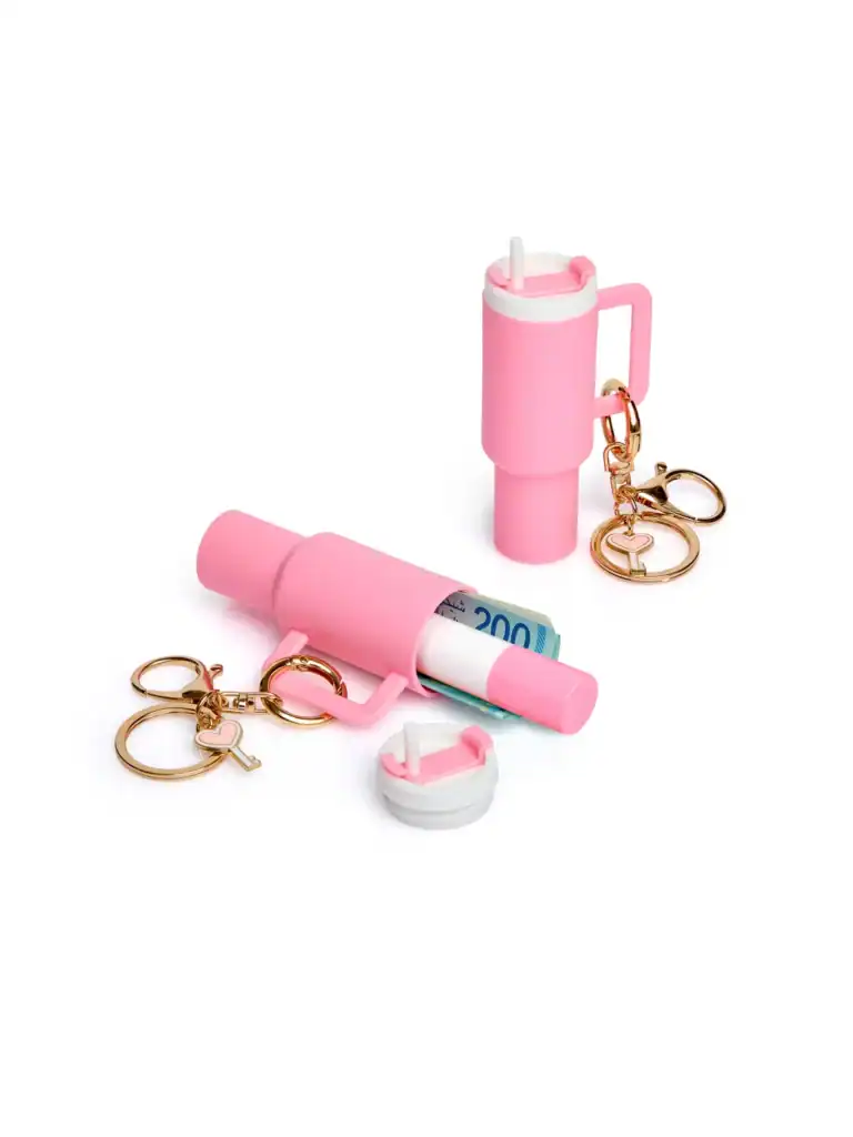 בקבוק מיני לאכסון עם מחזיק מפתחות, צבע ורוד בהיר. מושלם לאחסון כסף קטן או תכשיטים קטנים.
