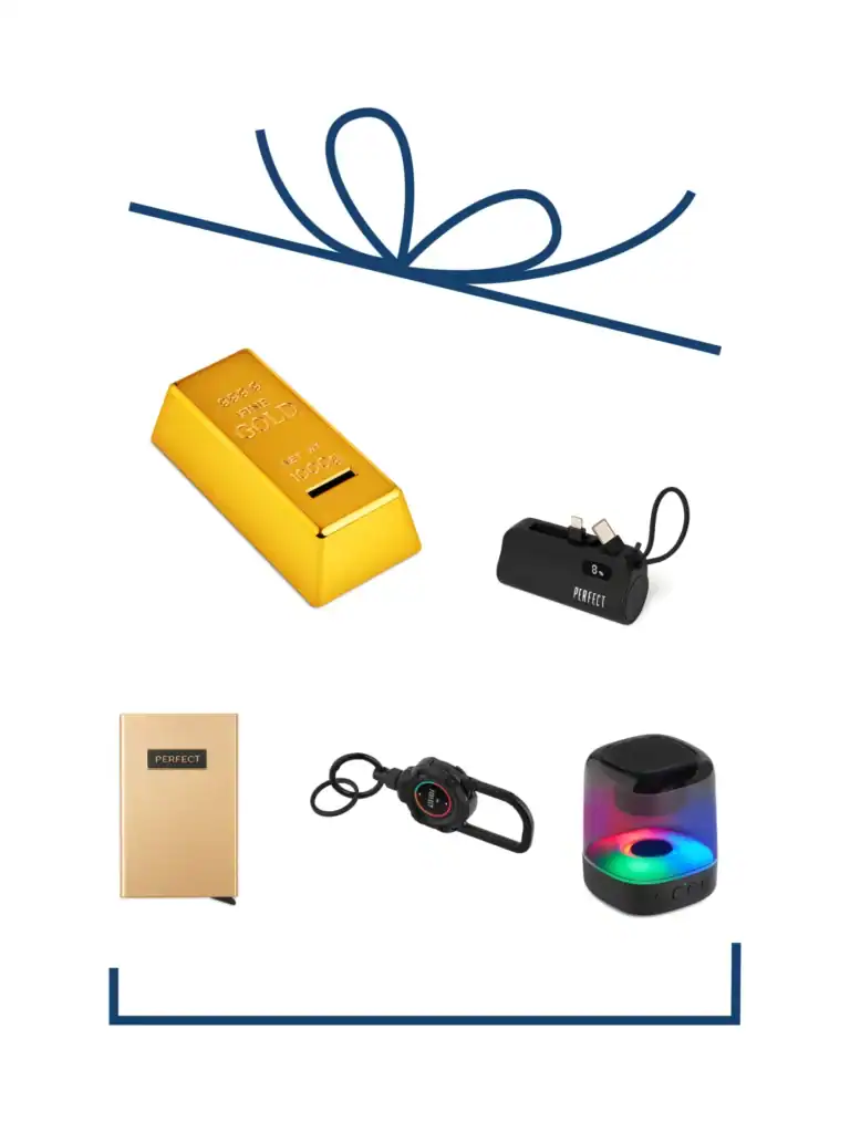 מארז Gold Tech עם אביזרים טכנולוגיים יוקרתיים ומעוצבים.