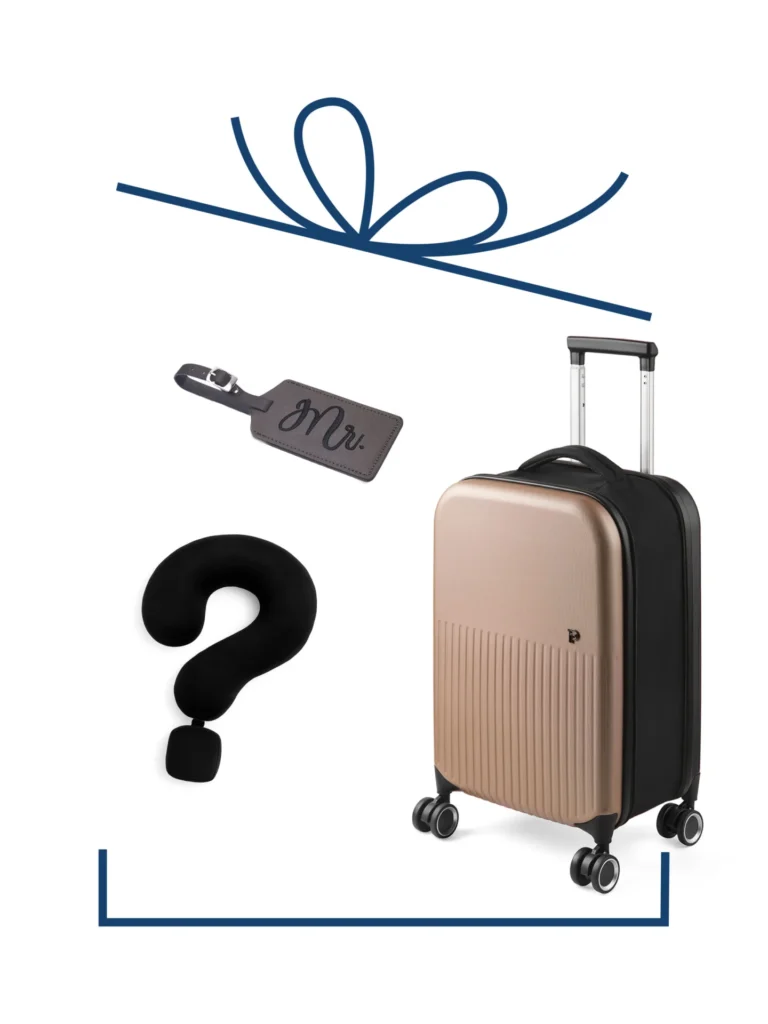 תיק נסיעות אלגנטי עם גלגלים ומזוודה במראה יוקרתי.