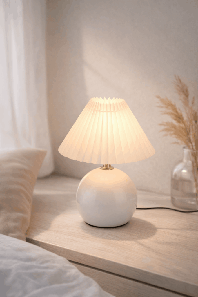 מנורה אלגנטית רטרו עם בסיס עגול וצללית מוארת בחדר שינה נעים.