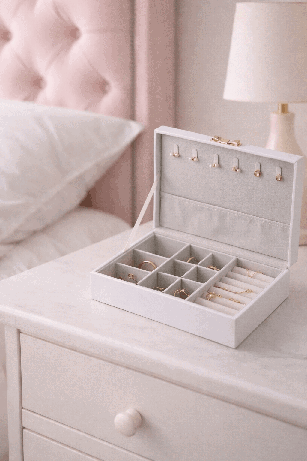 תיבת תכשיטים מעודנת לארגון תכשיטים ושרשראות, עם תאים נפרדים לאחסון מסודר ויפה.