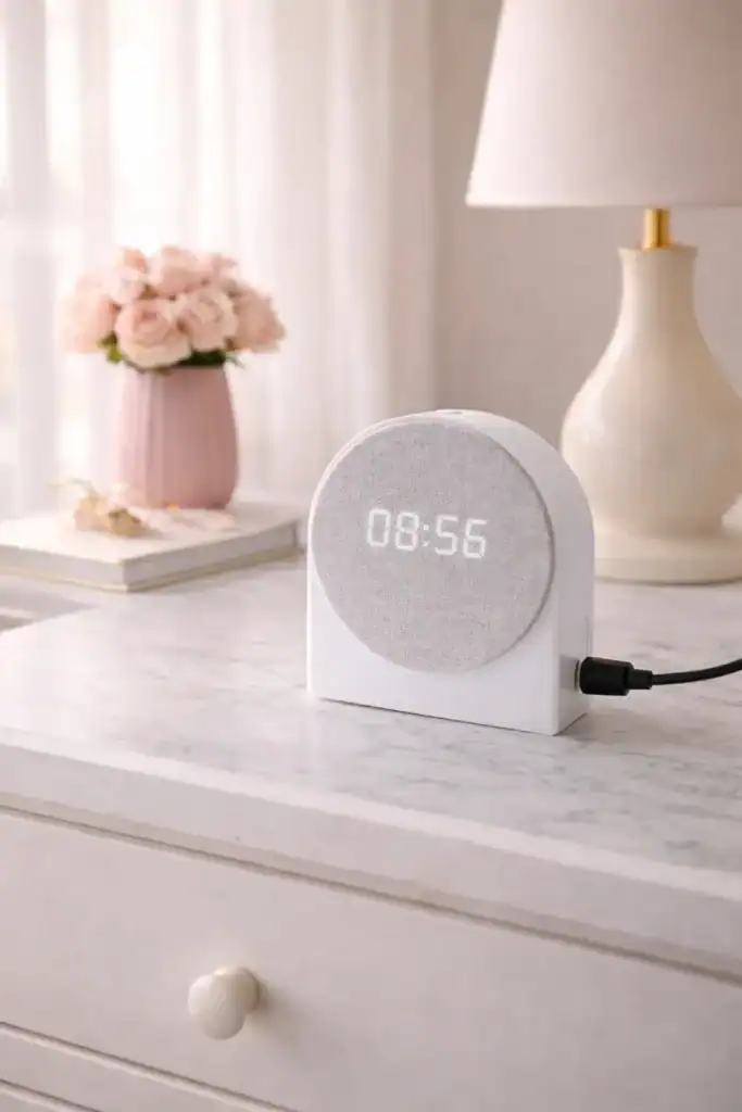 שעון מעורר דיגיטלי לבן עם פנים מבד אפור, המציג את השעה 08:56, על שידת שיש לצד אגרטל ורדים ורודים ומנורת שולחן.