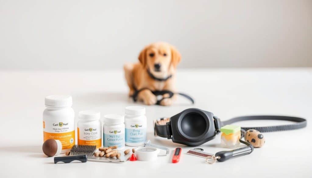 A pristine dog wellness plan with various add-on options, captured in a crisp, well-lit photograph. In the foreground, an assortment of pet care products, including supplements, grooming tools, and healthcare accessories, are neatly arranged on a clean, white surface. The middle ground showcases a dog collar and leash, symbolizing the comprehensive nature of the wellness plan. In the background, a blurred, soothing gradient establishes a calming, premium atmosphere, hinting at the luxurious and elevated nature of the insurance options. The overall composition exudes a sense of order, attention to detail, and a focus on the well-being of the canine companion.