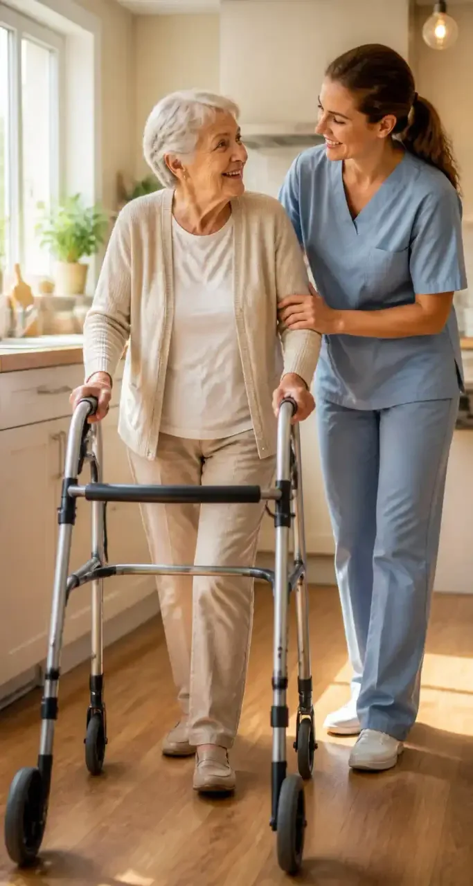 Aide à domicile accompagnant un senior avec un déambulateur