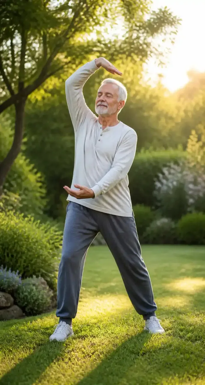 Senior pratiquant un exercice de mobilité dans son jardin