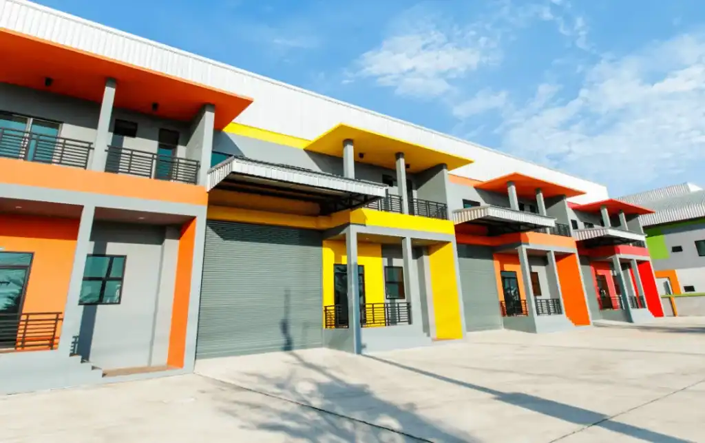 modern townhouses with multi coloured exterior paint