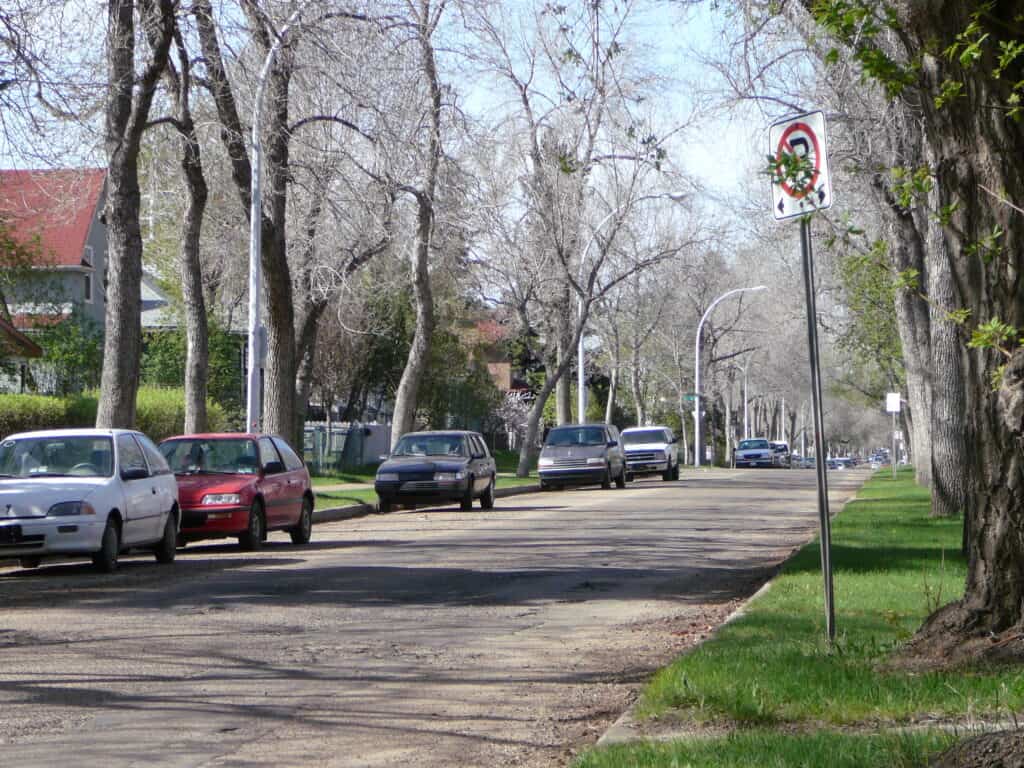 No parking sign with Christmas wreath, trees, parked cars along residential street, spring season, no parking zone, urban neighborhood, street lighting, daylight, green grass, leafless trees, peaceful neighborhood scene.