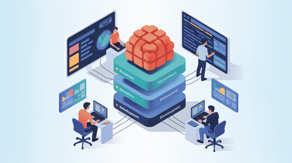 illustration développement de solutions saas roumane and companies nuage équipe