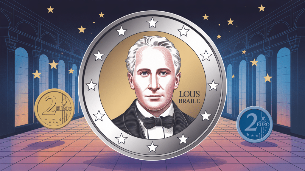 image pièce louis braille 2 euros portrait et étoiles