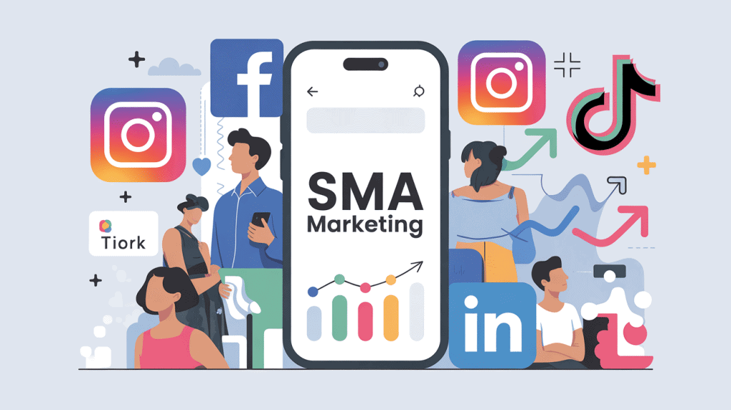 Illustration SMA marketing avec réseaux sociaux et smartphone