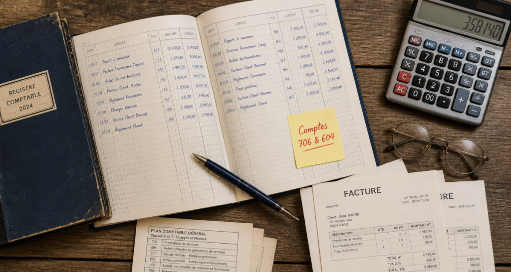 compte comptable prestation de service sur bureau avec registre et calculatrice