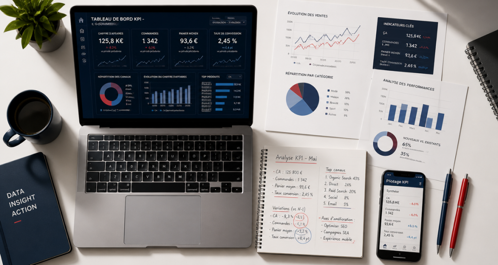 kpi e commerce sur bureau avec graphiques