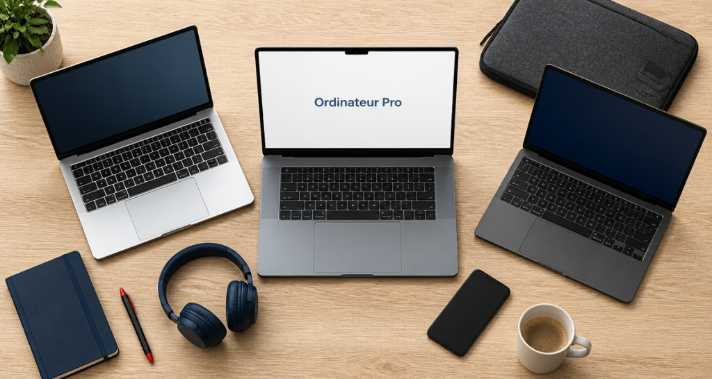 Ordinateur portable pour travailler avec accessoires sur bureau