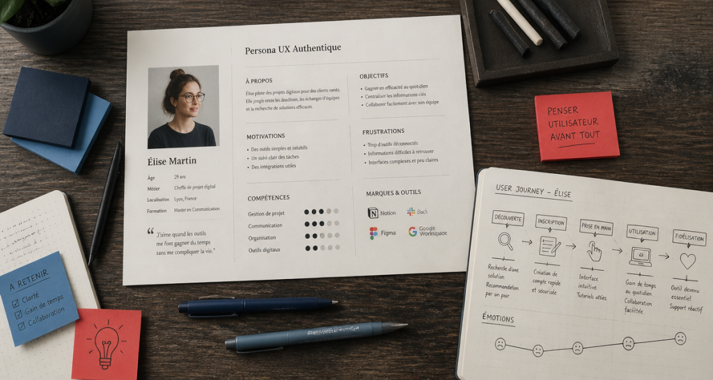 Vue flat-lay persona UX sur bureau designer