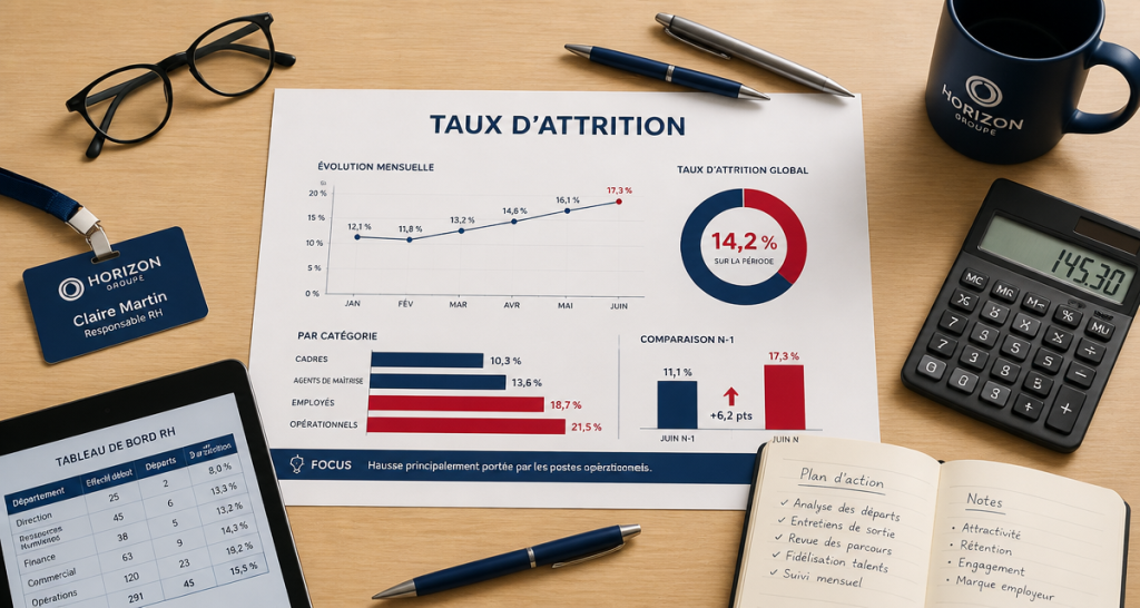 Graphique taux attrition sur bureau RH moderne