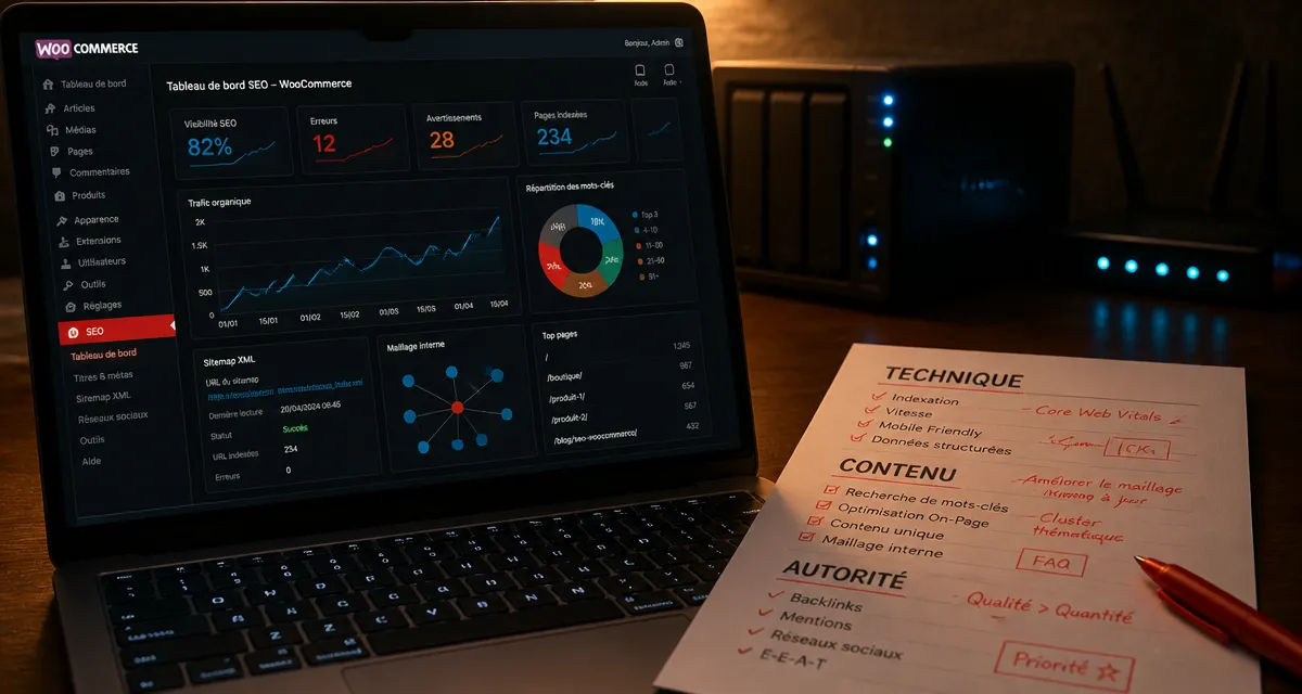 Agence seo woocommerce : tableau SEO WooCommerce sur écran