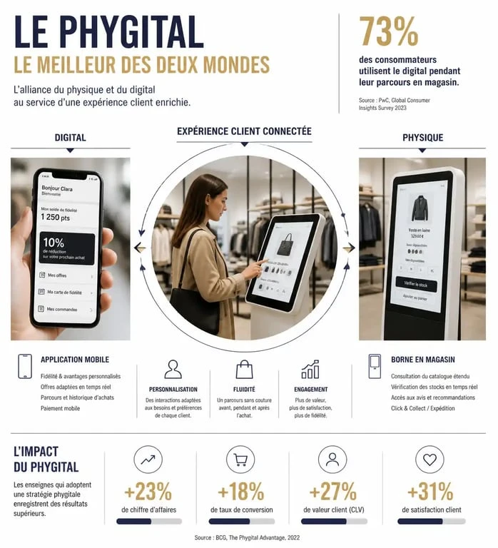 Infographie illustrant le concept de phygital et la convergence entre magasin physique et outils digitaux.