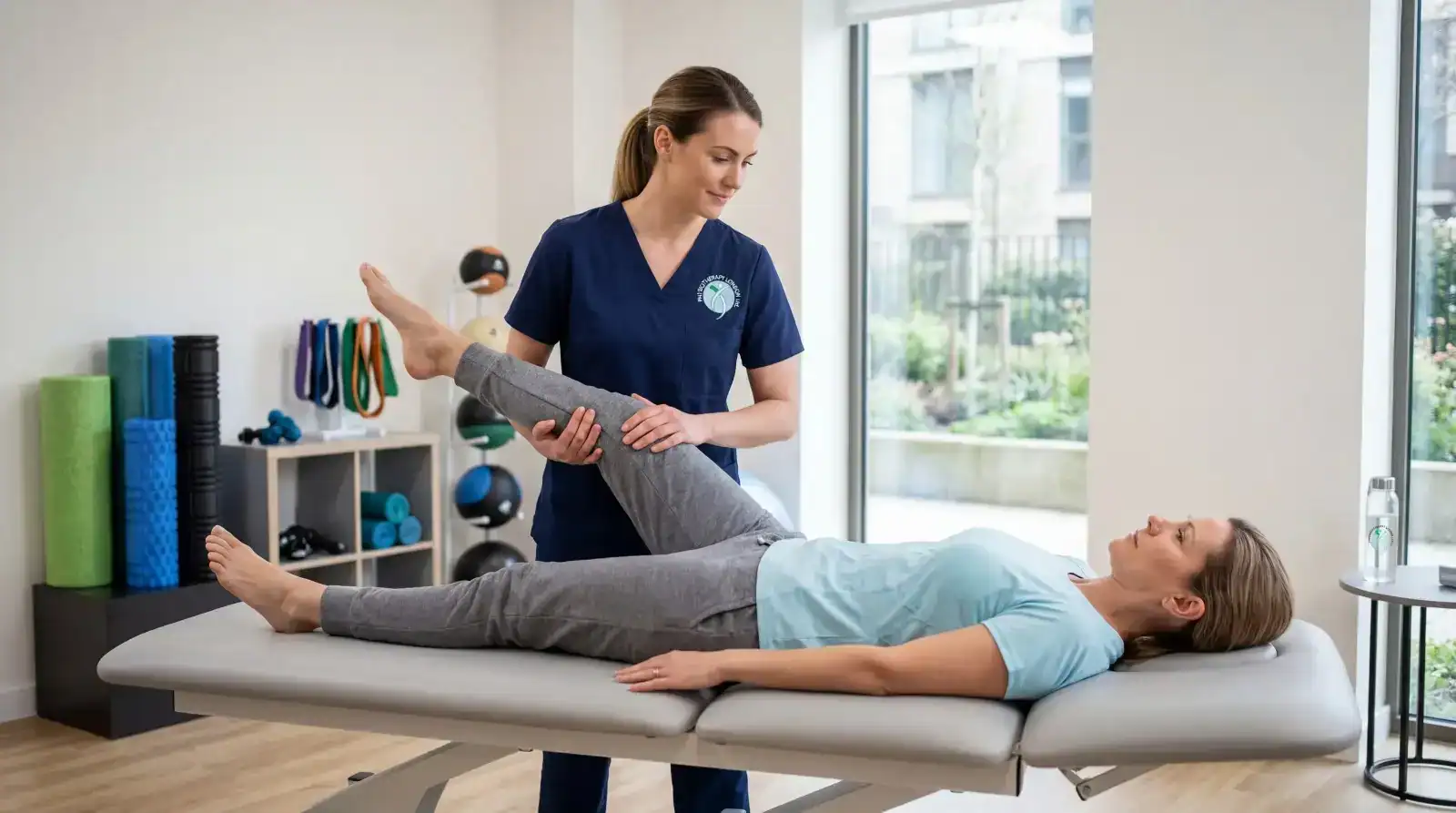 Physiotherapist performing leg stretch on patient in clinic.
