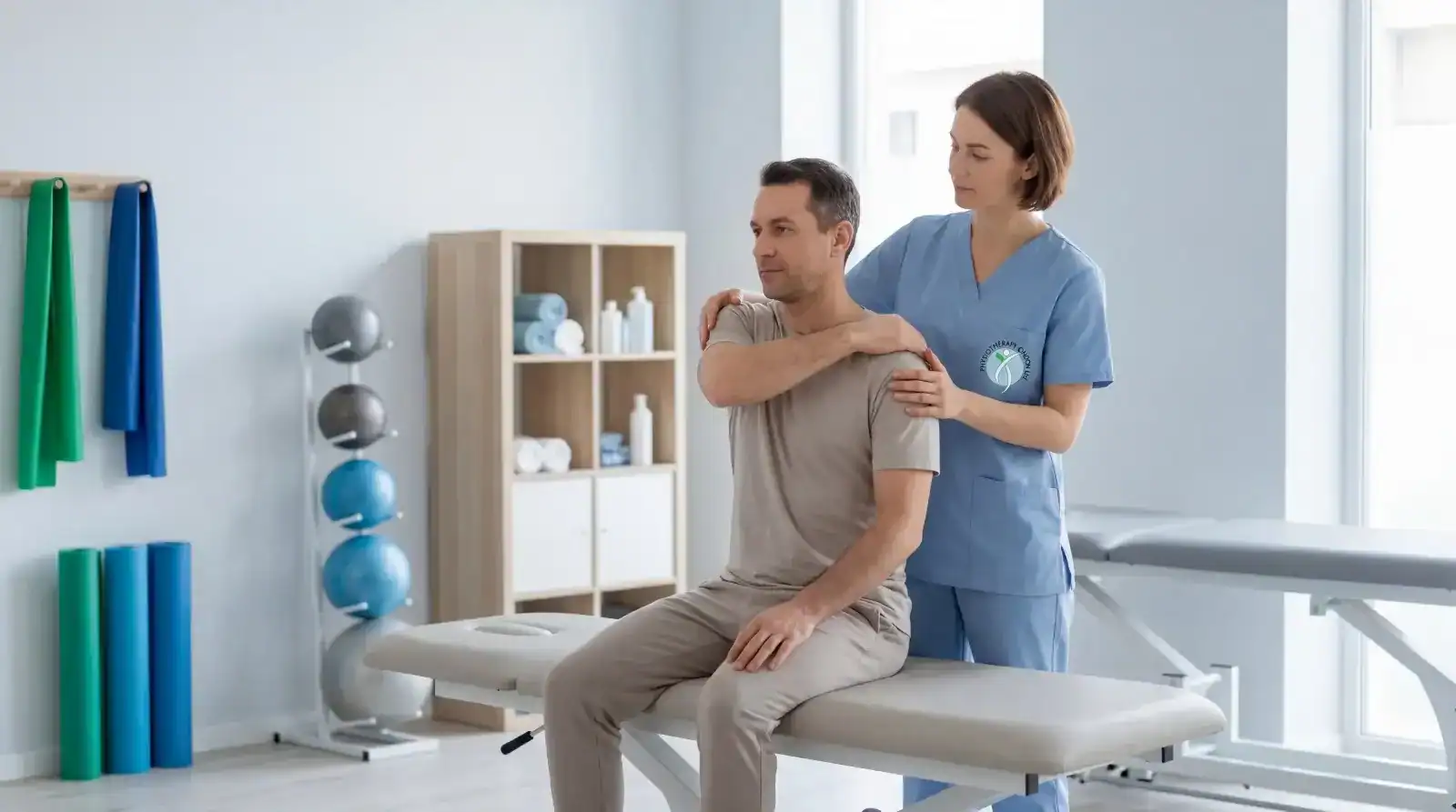 Physiotherapist providing shoulder treatment in London clinic.