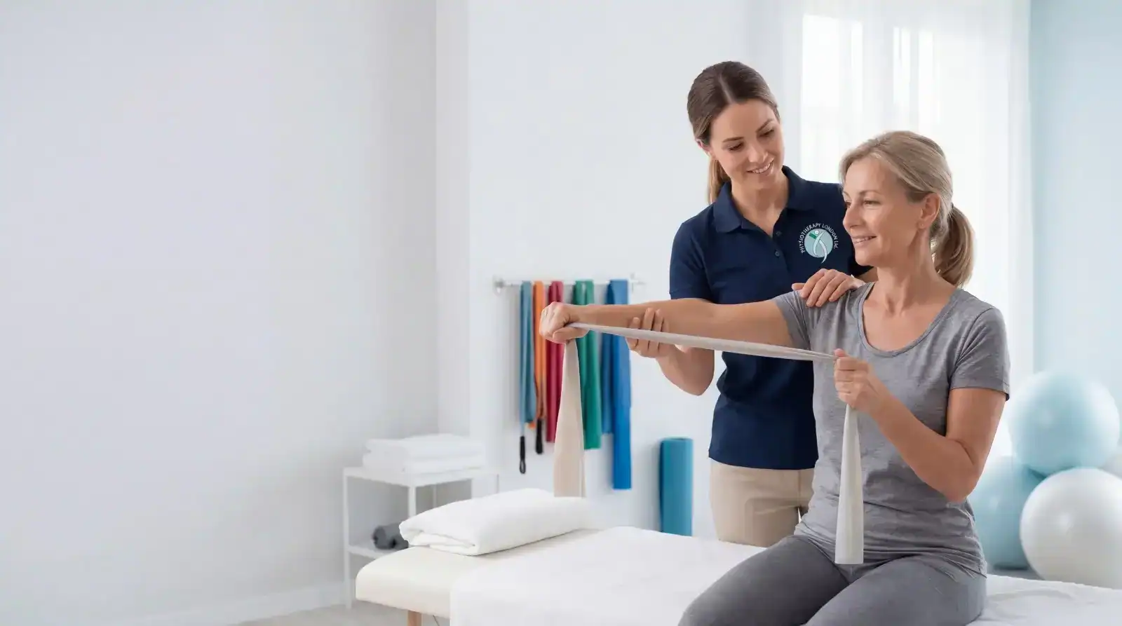 Physiotherapist assisting an elderly woman with shoulder exercises in clinic.