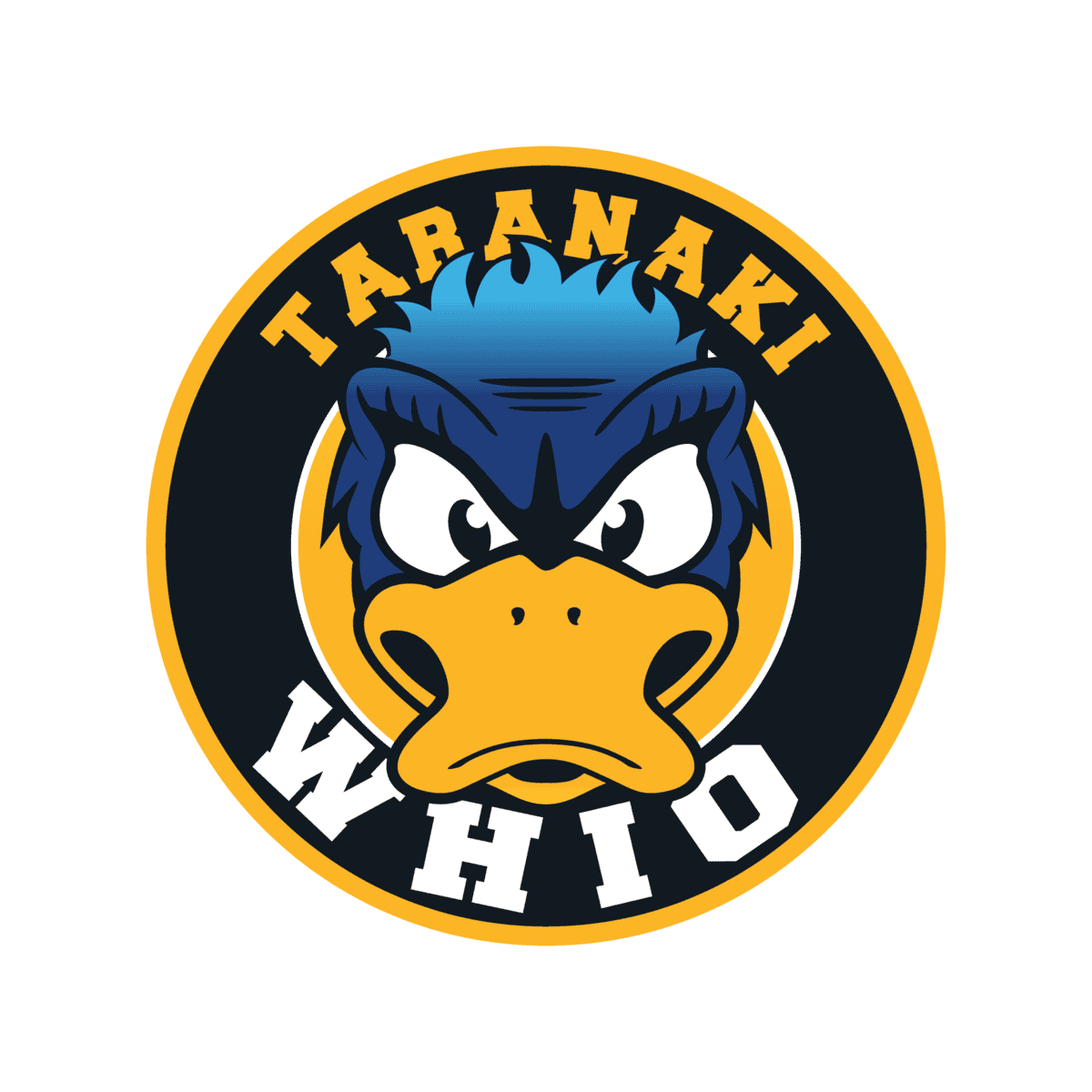 Strong, intimidating cartoon-style buffalo with "Taranaki Whio" text logo, representing sports and community pride in New Zealand.