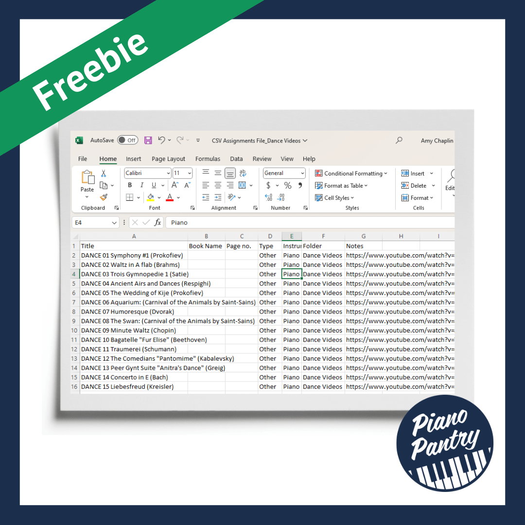Preview of CSV file with Piano Pantry logo