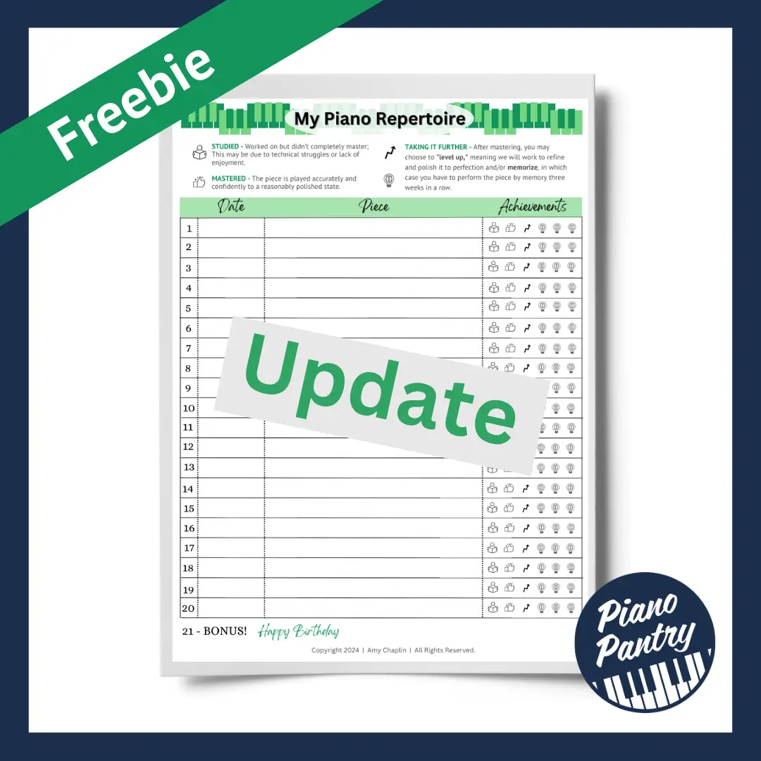 Piano repertoire sheet sample with a green banner and piano pantry logo